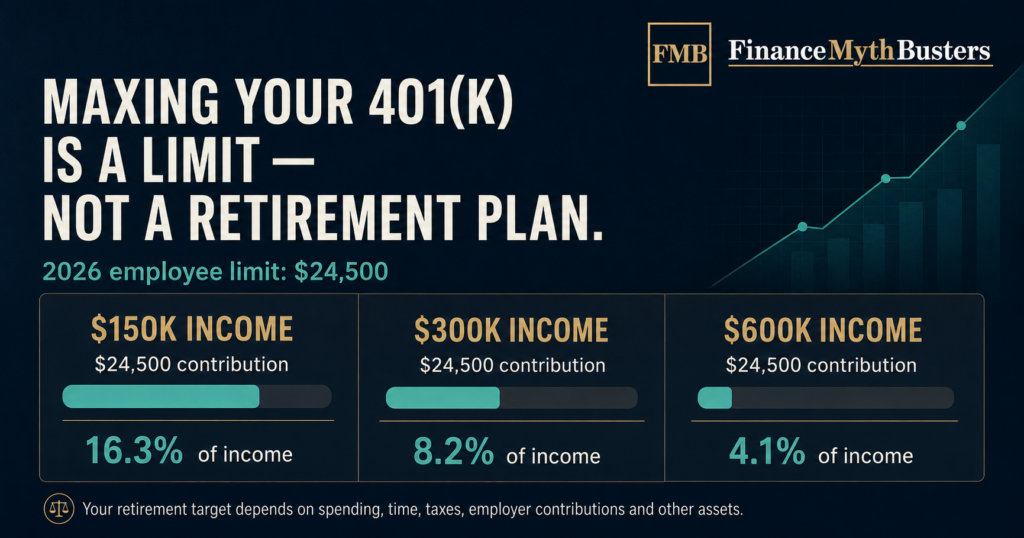 FinanceMythBusters graphic comparing the same 2026 401(k) maximum across different incomes to show why maxing a 401(k) does not guarantee retirement readiness.