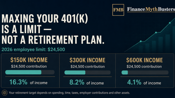 FinanceMythBusters graphic comparing the same 2026 401(k) maximum across different incomes to show why maxing a 401(k) does not guarantee retirement readiness.