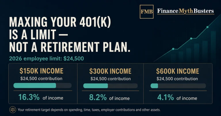 FinanceMythBusters graphic comparing the same 2026 401(k) maximum across different incomes to show why maxing a 401(k) does not guarantee retirement readiness.