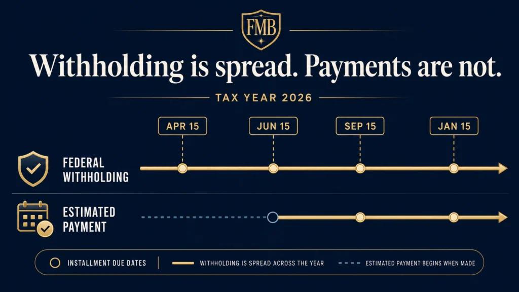 Illustration of a tax-year timeline showing federal withholding spread across estimated-tax installment dates while a later estimated payment begins when it is made.