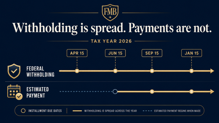 Illustration of a tax-year timeline showing federal withholding spread across estimated-tax installment dates while a later estimated payment begins when it is made.