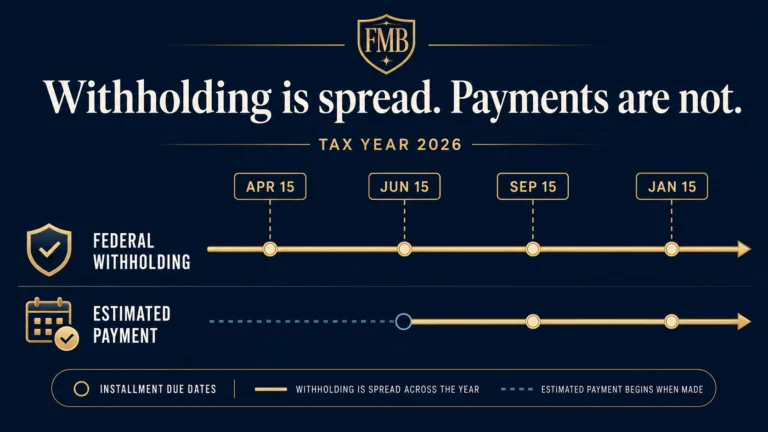 Illustration of a tax-year timeline showing federal withholding spread across estimated-tax installment dates while a later estimated payment begins when it is made.