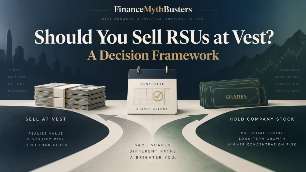 Decision framework showing sell at vest versus hold company stock after RSUs vest
