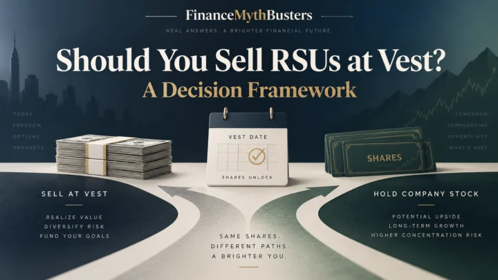 Decision framework showing sell at vest versus hold company stock after RSUs vest